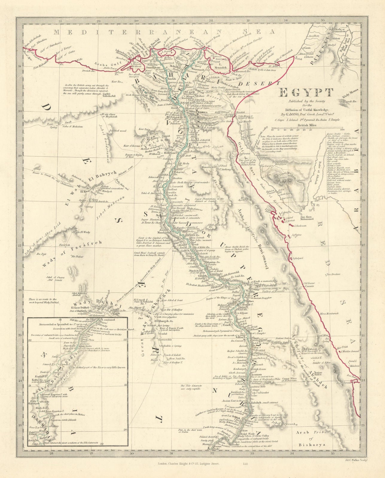 EGYPT. Nile valley. Ancient sites. Original outline colour. SDUK 1851 old map